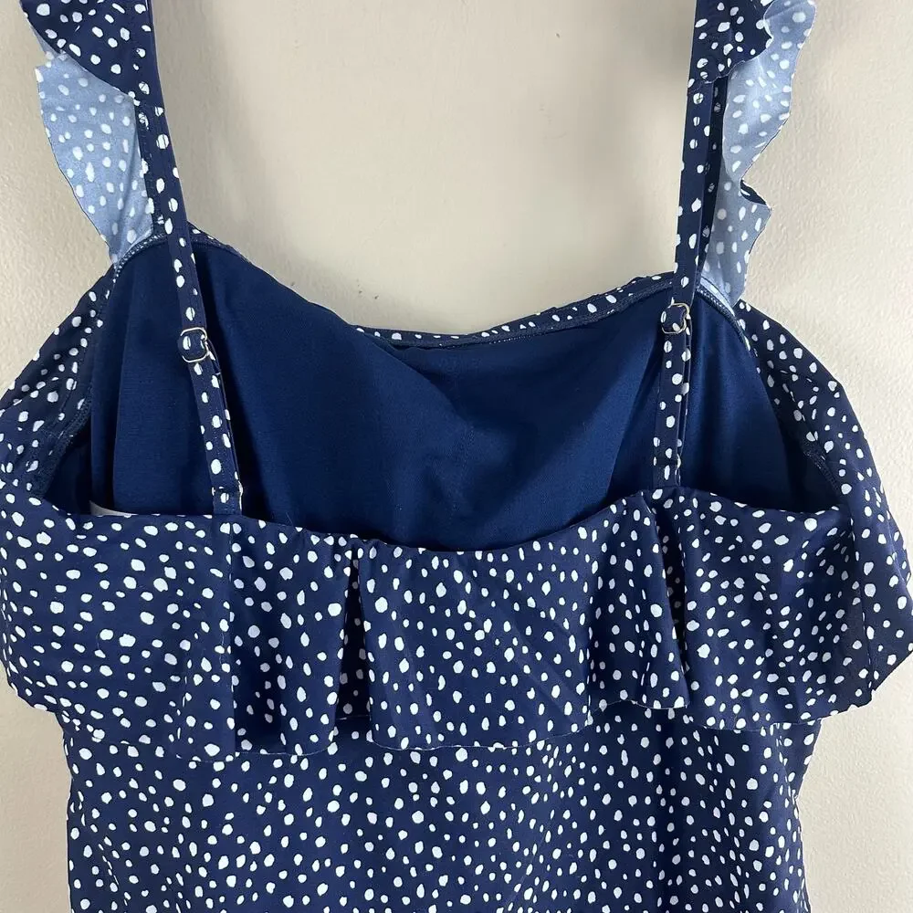 Kona Sol Navy Blue Polka Dot Ruffle Flounce One Piece Swimsuit XL Extra Large